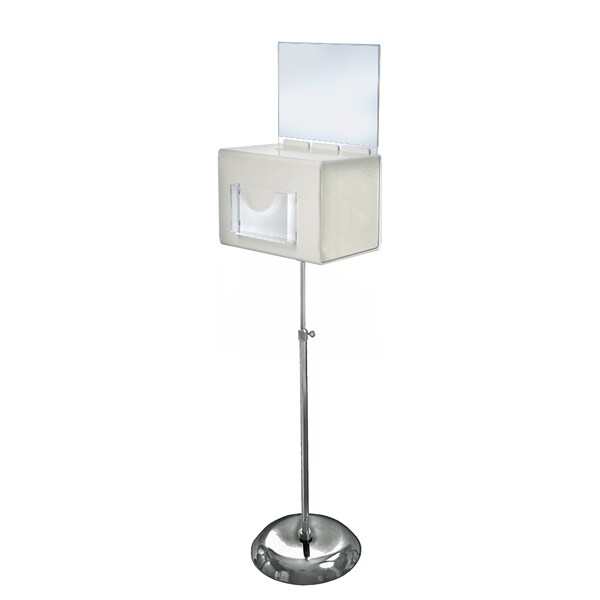 XL Lottery/Raffle Box, Pedestal Stand w/ Pocket -Lock&Key White